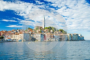 Croatia, Istria, beautiful old town of Rovinj on Adriatic sea coastline, seascape view