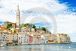 Croatia, Istria, beautiful old town of Rovinj on Adriatic sea coastline, seascape view