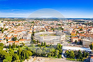 Croatia, Istria, city of Pula, panoramic view of ancient Roman arena, historic amphitheater