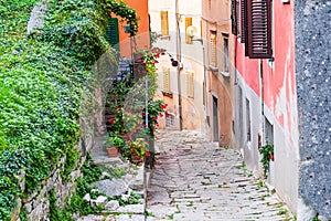 Croatia, Istria, cobbled street in the old historical town of Labin