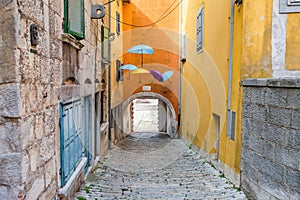 Croatia, Istria, cobbled street in the old historical town of Labin