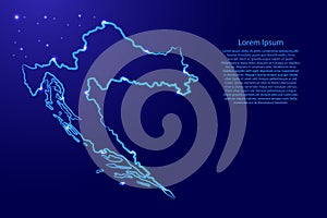 Croatia map from the contour classic blue color brush lines different thickness and glowing stars on dark background. Vector