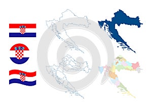 Croatia map. Detailed blue outline and silhouette. Administrative divisions and counties. Country flag. Set of vector maps. All is