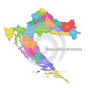 Croatia map, new political detailed map, separate individual regions, with state names, isolated on white background 3D