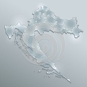 Croatia map separate region individual blank glass card 3D raster