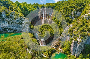 Croatia. Summer sunny day. Summer Plitvice Lakes National Park. Top view of waterfalls and lakes.