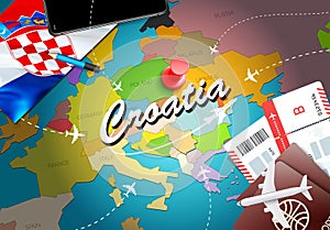 Croatia travel concept map background with planes, tickets. Visit Croatia travel and tourism destination concept. Croatia flag on