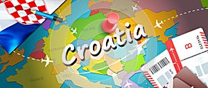 Croatia travel concept map background with planes, tickets. Visit Croatia travel and tourism destination concept. Croatia flag on