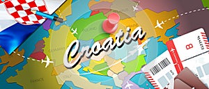 Croatia travel concept map background with planes, tickets. Visit Croatia travel and tourism destination concept. Croatia flag on