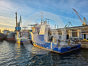 Croatia, Trogir, November 1st 2025 - Moan Marin workboat alongside at a shipyard undergoing extensive refit