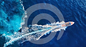 Croatia. Yachts at the sea surface. Aerial view of luxury floating boat on blue Adriatic sea at sunny day.