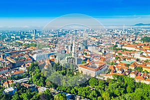Croatia, Zagreb, city centre and cathedral towers from drone
