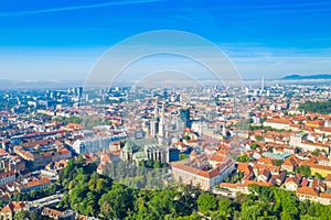 Croatia, Zagreb, city centre and cathedral towers from drone