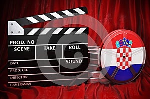 Croatian cinematography, film industry, cinema in Croatia. Clapperboard with and film reels on the red fabric, 3D rendering