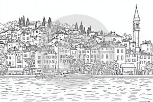 Croatian Coastal Town Line Art Coloring Page Single line drawing of a charming Croatian coastal town symbolizing seaside life photo