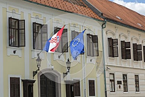 Croatian and European Union flag on the building