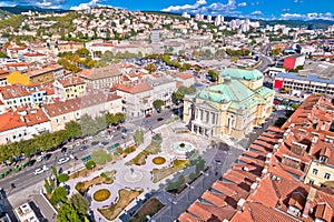 Croatian national theater in Rijeka square aerial view, fountain and architecture