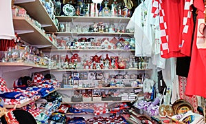 Croatian souvenirs for sale at gift store located in central farmers' market Dolac. Gornji Grad. Zagreb