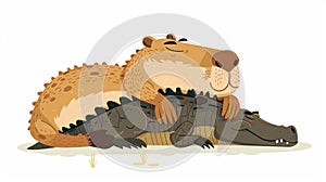 Croc and capybara, funny cute animal friends lying, embracing, hugging and relaxing together. Modern illustration with