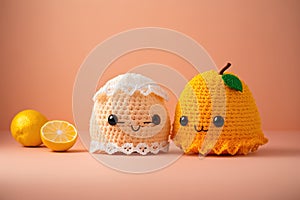 Crochet craft cute citric fruits over plain salmon color background. Generative AI illustration