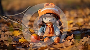 a crochet doll sits on the ground next to an orange pumpkin