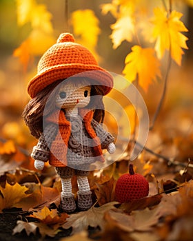 a crochet doll wearing an orange hat sits on the ground next to an apple