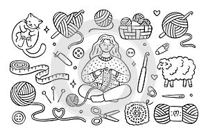 Crochet doodle illustration of girl knitting clothes, cat playing with wool yarn ball, sheep, hook, skein. Hand drawn