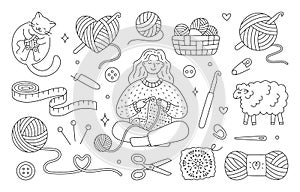 Crochet doodle illustration including - girl knitting clothes, cat playing with wool yarn ball, sheep, hook, skein. Hand