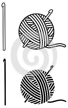 Crochet Hook and Wool Yarn Ball Clipart Set - Outline and Silhouette