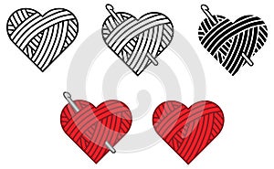 Crochet Hook & Wool Yarn Heart Clipart - Outline, Silhouette and Color