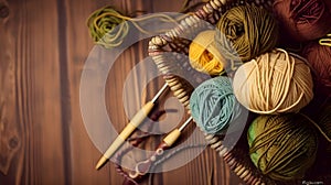 Crochet and knitting hobby. Colorful balls of yarn, knitting needles on table, with copy space, flat lay, and wood background