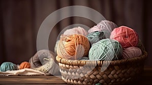 Crochet and knitting hobby. Colorful balls of yarn, knitting needles on table, with copy space, side view, and wood background