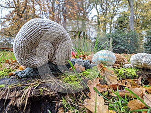 A crochet snail crawling on a journey in the grass