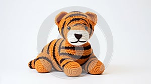 Crochet Stuffed Tiger: Striped And Shaped Animal On White Background photo