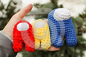 Crochet toy crew member among us red yellow and blue Impostor