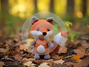a crocheted fox sits on the ground surrounded by leaves