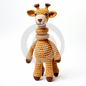 Whiplash Curves: Brown Crocheted Giraffe On White Background photo