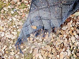 Crocheted gray shawl on autumn leaves. Square motifs, fringe