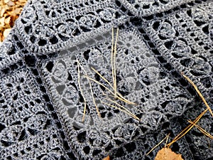 Crocheted gray shawl. Square motifs, fringe. Autumn leaves and needles of pine fell from above