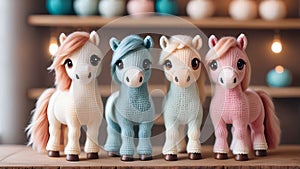 Crocheted horses in pastel colors. Toys for pony lovers. Kid\'s soft toys, craft idea, art concept.