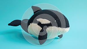 Crocheted killerwhale toy vibrant backdrop, handcrafted and adorable, Ai Generated