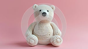 Crocheted polarbear toy vibrant backdrop, handcrafted and adorable, Ai Generated