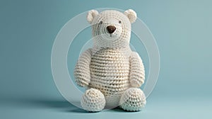 Crocheted polarbear toy vibrant backdrop, handcrafted and adorable, Ai Generated