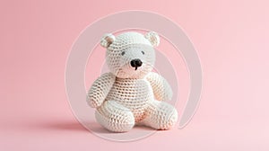 Crocheted polarbear toy vibrant backdrop, handcrafted and adorable, Ai Generated