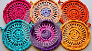 Crocheted potholders in bright colors