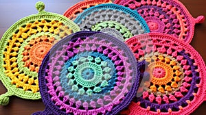 Crocheted potholders in bright colors