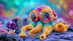 Crocheted spawn toy vibrant backdrop, handcrafted and adorable, Ai Generated