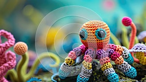 Crocheted spawn toy vibrant backdrop, handcrafted and adorable, Ai Generated