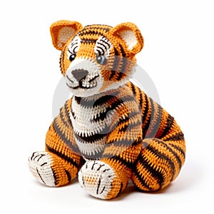 Knitted Tiger Sitting Against White Background - Traditional Style