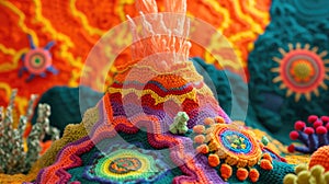 Crocheted vocano toy vibrant backdrop, handcrafted and adorable, Ai Generated